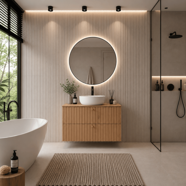 Wisząca Nowoczesna Szafka pod Umywalkę Łazienkowa 60 cm Ryflowana Elegancka Dąb Craft BELLO