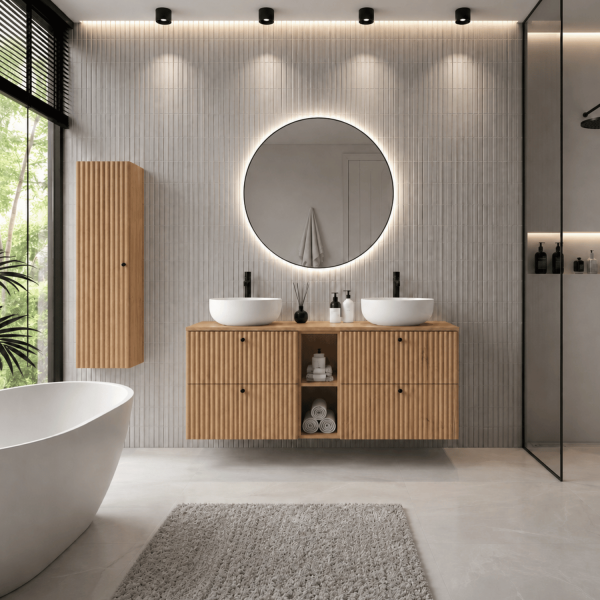 Słupek 136 cm Łazienkowy Elegancki Wiszący z Półkami Ryflowany Nowoczesny Dąb Craft Złoty BELLO