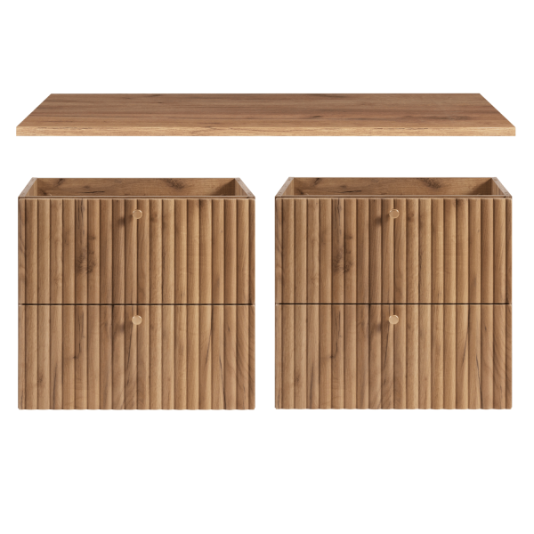 Wisząca Szafka z Blatem Ryflowana Łazienkowa pod Umywalkę Zestaw 120 cm Dąb Craft Złoty BELLO