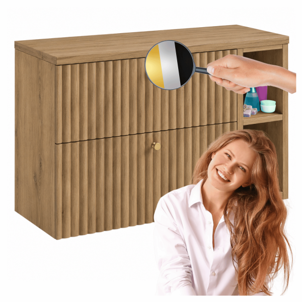 Wisząca Nowoczesna Szafka 100 cm pod Umywalkę Łazienkowa Elegancka Ryflowana Dąb Craft Złoty BELLO