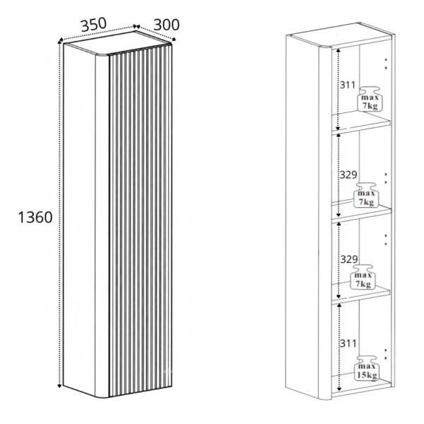 Nowoczesny Beżowy Wiszący Ryflowany Słupek Łazienkowy z Półkami 136 cm Elegancki Kaszmir LINEA