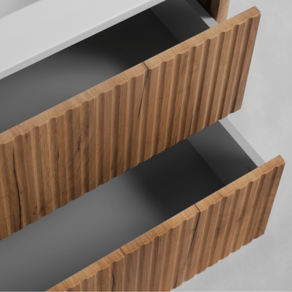 Wisząca Ryflowana Szafka z Blatem 100 cm Łazienkowa pod Umywalkę Elegancka Nowoczesna Dąb Craft Złoty LINEA