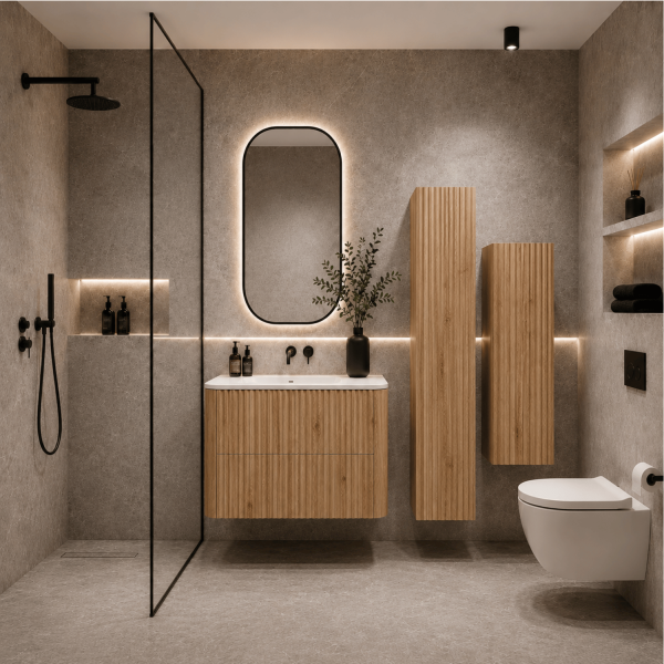 Wisząca Ryflowana Szafka z Blatem 100 cm Łazienkowa pod Umywalkę Elegancka Nowoczesna Dąb Craft Złoty LINEA