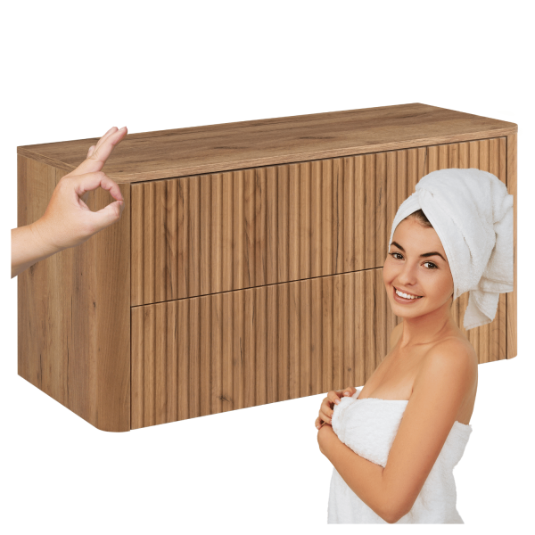 Wisząca Ryflowana Szafka z Blatem 100 cm Łazienkowa pod Umywalkę Elegancka Nowoczesna Dąb Craft Złoty LINEA