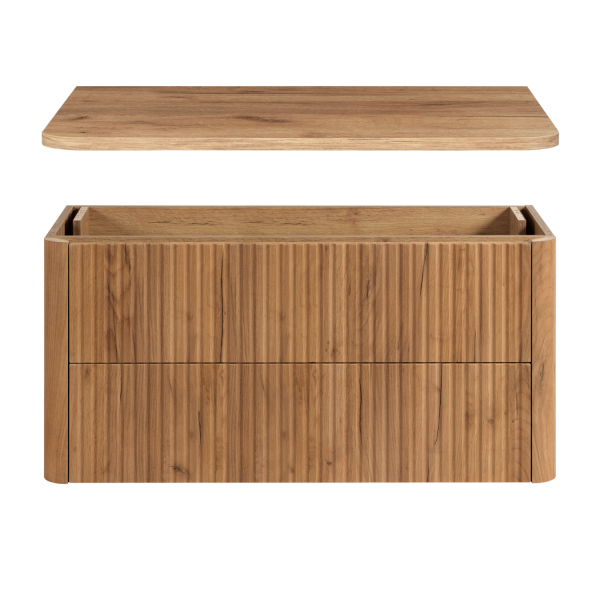 Wisząca Ryflowana Szafka z Blatem 100 cm Łazienkowa pod Umywalkę Elegancka Nowoczesna Dąb Craft Złoty LINEA