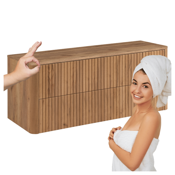 Szafka z Blatem Łazienkowa Wisząca pod Umywalkę 120 cm Ryflowana Nowoczesna Elegancka Dąb Craft Złoty LINEA