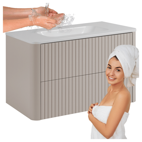 Beżowa Nowoczesna Wisząca Szafka 80 cm Łazienkowa z Umywalką Ryflowana Elegancka Kaszmir LINEA