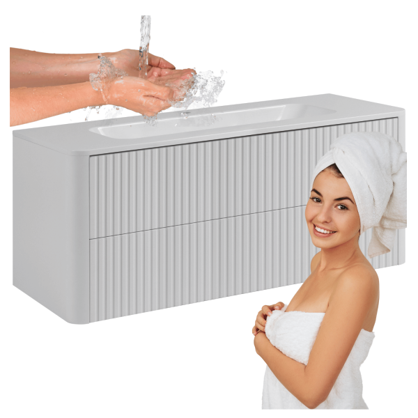 Biała Szafka Łazienkowa Wisząca 120 cm Ryflowana Nowoczesna Elegancka z Umywalką LINEA