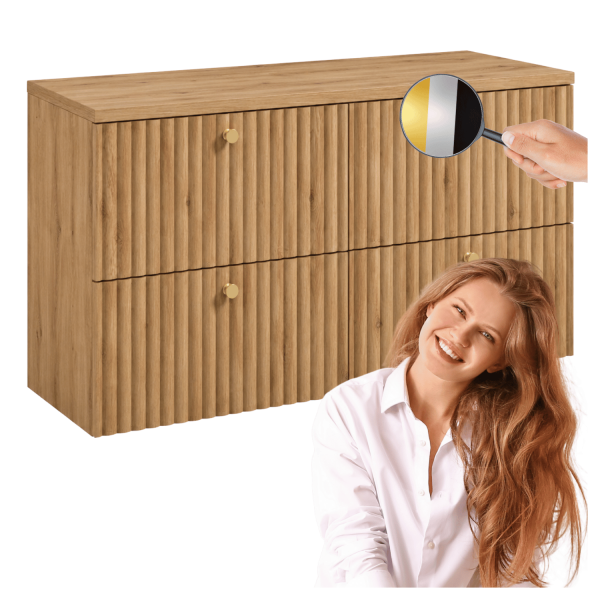 Wisząca Szafka z Blatem Ryflowana Łazienkowa pod Umywalkę Zestaw 120 cm Dąb Craft Złoty BELLO