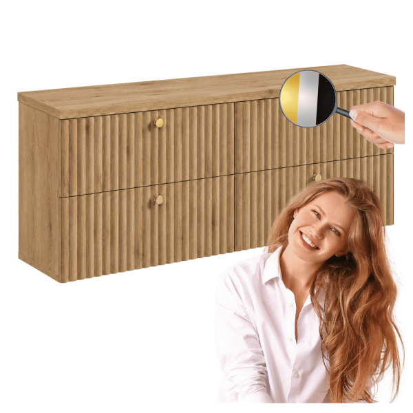 Nowoczesna Szafka pod Umywalkę 160 cm Ryflowana Zestaw Wiszący z Blatem Dąb Craft Złoty BELLO