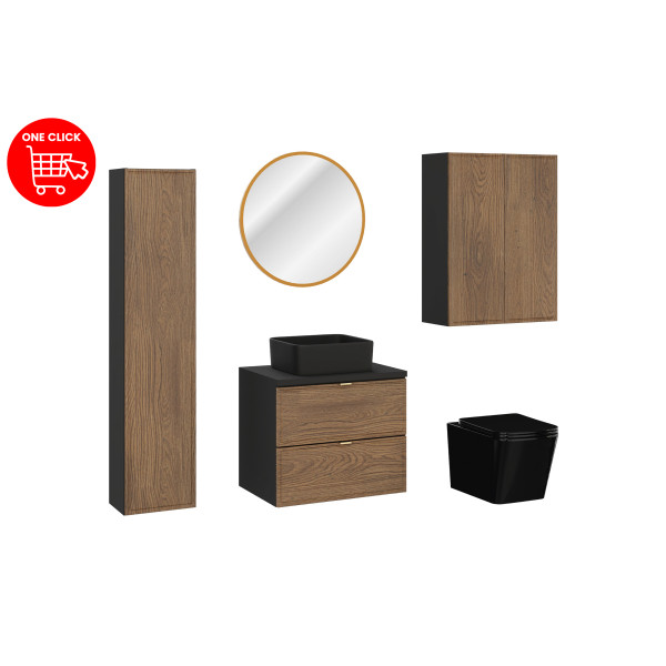 Zestaw Meblowy 60Cm Z Blatem, Umywalką Nablatową Slim, Szafką Wysoką, Lustrem Led I Misą Wiszącą Wc