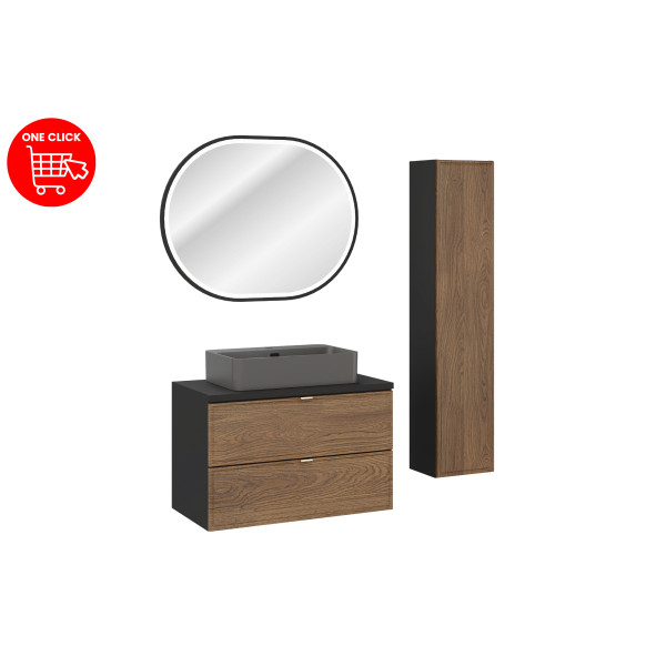 Zestaw Meblowy 80Cm Z Blatem, Umywalką Nablatową Trust, Szafką Wysoką I Lustrem Led