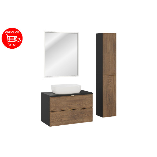 Zestaw Meblowy 80Cm Z Blatem, Umywalką Nablatową Smile, Półsłupkami I Lustrem Led