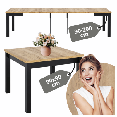 Nowoczesny Duży Stół 90-290 cm Rozkładany Do Jadalni Salonu Kuchni Loft Dąb Craft Złoty Czarny VIGO