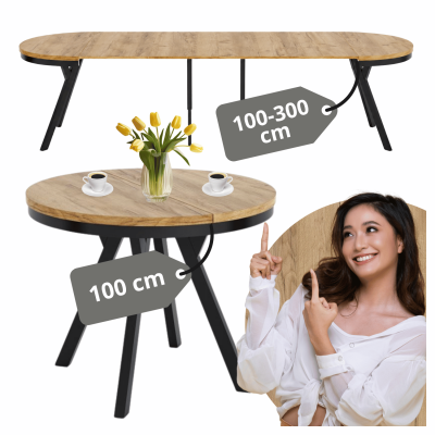 Nowoczesny Okrągły Rozkładany Duży Drewniany Stół Do Salonu Jadalni Kuchni 100-300 cm Czarny Dąb Craft Złoty SNUG