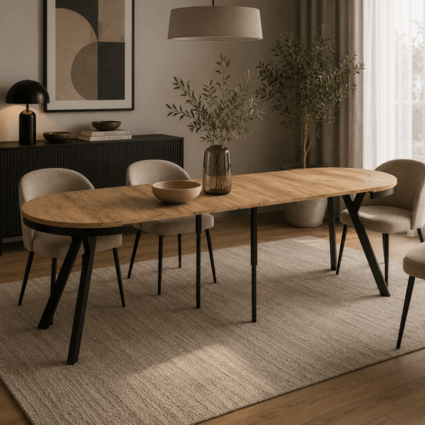Nowoczesny Okrągły Rozkładany Duży Drewniany Stół Do Salonu Jadalni Kuchni 100-300 cm Czarny Dąb Craft Złoty SNUG