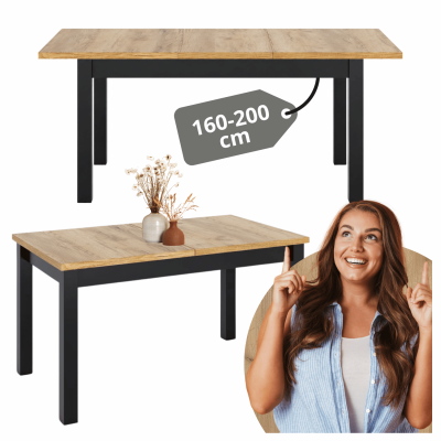 Nowoczesny Rozkładany Stół 160-200 cm Do Jadalni Salonu kuchni Kuchenny Czarny Dąb Craft Złoty EMMA