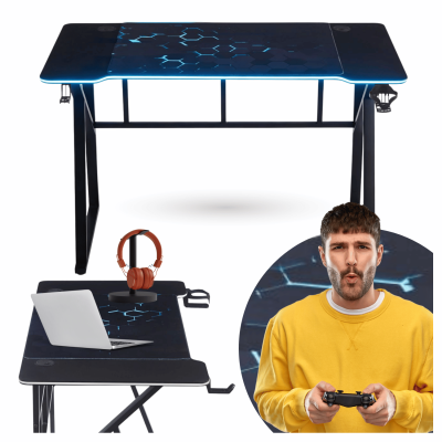 Biurko LED Gamingowe Komputerowe 120 cm Dla Gracza Podświetlane Z Uchwytem Na Kubek Czarne Metalowe SONIC
