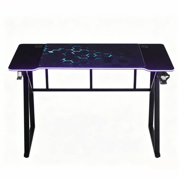 Biurko LED Gamingowe Komputerowe 120 cm Dla Gracza Podświetlane Z Uchwytem Na Kubek Czarne Metalowe SONIC
