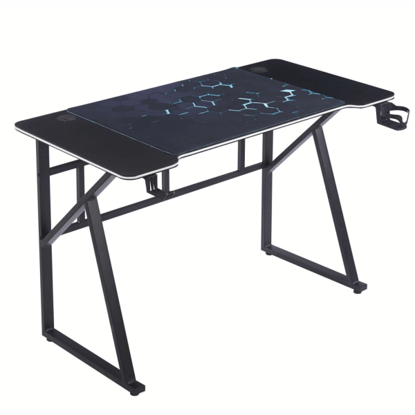 Biurko LED Gamingowe Komputerowe 120 cm Dla Gracza Podświetlane Z Uchwytem Na Kubek Czarne Metalowe SONIC