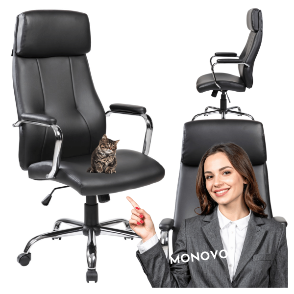 Nowoczesny Fotel Biurowy Mechanizm TILT do Gabinetu Czarny Ekoskóra Chromowany OLSEN