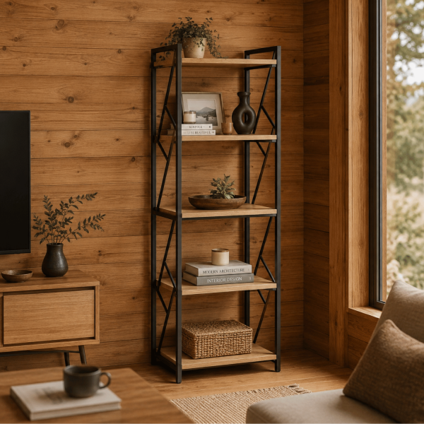 Nowoczesny Metalowy Regał Do Salonu Loft Z Półkami Na Książki Stojący Czarny Dąb Sonoma ADEN