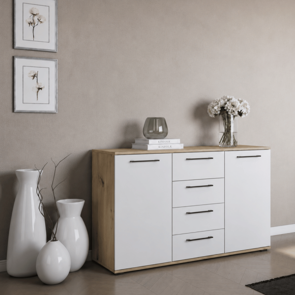 Elegancka Komoda Z Szufladami Nowoczesna Pojemna Do Salonu Garderoby Biała Dąb Artisan FORMO KM-2