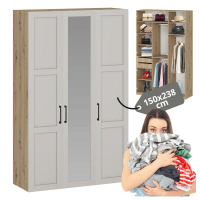 Nowoczesna Pojemna Szafa Garderoba Do Sypialni Garderoby Z Lustrem 150 cm Dąb Artisan Kaszmir FORMO K7