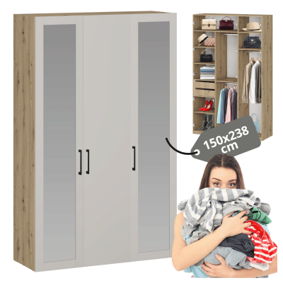 Elegancka Pojemna Szafa Garderoba Do Sypialni Garderoby Z Lustrem 150 cm Nowoczesna Dąb Artisan Kaszmir FORMO K7
