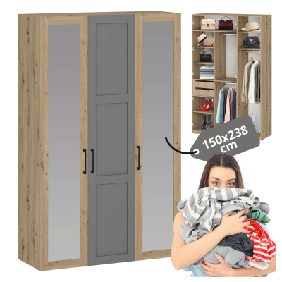 Duża Pojemna Szafa 150 cm Garderoba Do Sypialni Garderoby Z Lustrem Nowoczesna Dąb Artisan Popiel FORMO K7