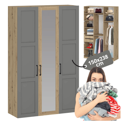 Szafa 150 cm Do Sypialni Garderoby Pojemna Duża Z Lustrem Nowoczesna Dąb Artisan Popiel FORMO K7