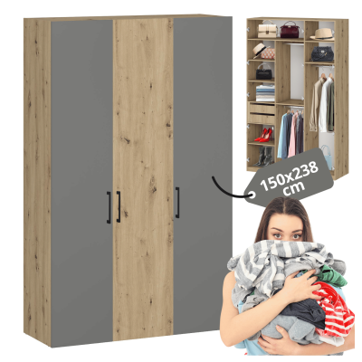 Gładka Nowoczesna Szafa Do Sypialni Garderoby Pojemna Duża 150 cm Dąb Artisan Popiel FORMO K7