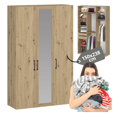 Nowoczesna Szafa Z Lustrem 150 cm Do Sypialni Garderoby Duża Pojemna Dąb Artisan FORMO K7