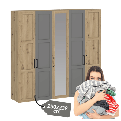 Pojemna Duża Szafa 250 cm Do Sypialni Garderoby Nowoczesna Elegancka Z Lustrem Dąb Artisan Popiel FORMO K7+K6