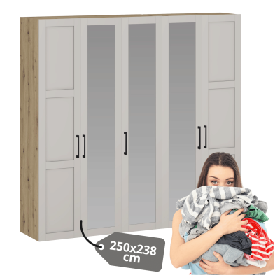 Pojemna Szafa Z Lustrem 250 cm Do Sypialni Garderoby Duża Elegancka Nowoczesna Kaszmir Dąb Artisan FORMO K7+K6