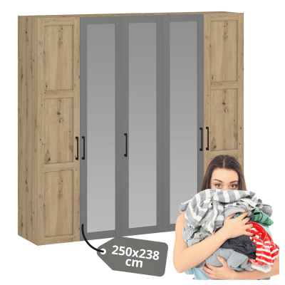 Pojemna Duża Szafa Z Lustrem 250 cm Do Sypialni Garderoby Nowoczesna Elegancka Dąb Artisan Popiel FORMO K7+K6