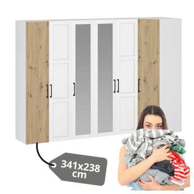 Biała Nowoczesna Duża Szafa Narożna Z Lustrem Do Garderoby Sypialni Pojemna 341 cm Elegancka Dąb Artisan FORMO K5+K7+K8