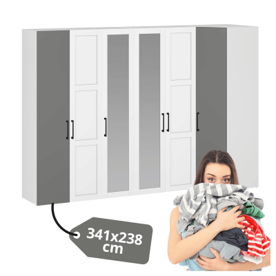 Duża Szafa Narożna Z Lustrem Do Garderoby Sypialni Nowoczesna Pojemna 341 cm Biała Popielata FORMO K5+K7+K8