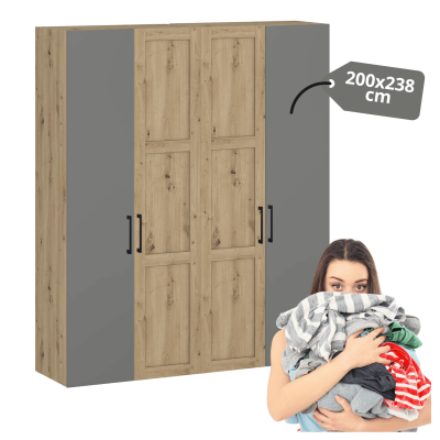 Popielata Duża Pojemna Szafa Do Sypialni Garderoby Modułowa 200 cm Nowoczesna Garderoba Dąb Artisan FORMO K5+K5
