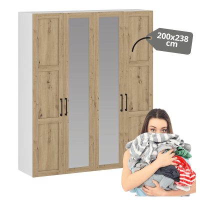 Biała Szafa Modułowa Nowoczesna Pojemna Garderoba 200 cm Wysoka Do Sypialni Garderoby Z Lustrem Dąb Artisan FORMO K5+K5