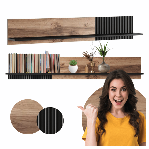 Czarna Nowoczesna Półka Wisząca 150 cm Na Książki Do Salonu Loft Dąb Wotan RANDOM P-1 Halmar