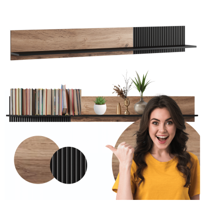 Wisząca Półka 150 cm Nowoczesna Na Książki Do Salonu Loft Czarna Dąb Wotan RANDOM P-2 Halmar