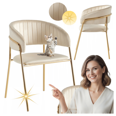 Eleganckie Krzesło Glamour Do Jadalni Salonu Welurowe Nowoczesne Beżowe Złote FLORA
