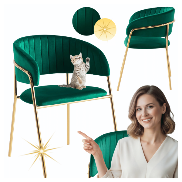Zielone Krzesło Glamour Do Jadalni Salonu Welurowe Nowoczesne Butelkowa Zieleń Złote FLORA