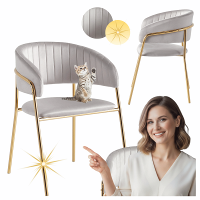 Krzesło Glamour Do Jadalni Salonu Welurowe Eleganckie Nowoczesne Złote Jasnoszare FLORA