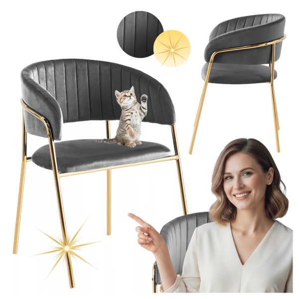 Nowoczesne Krzesło Do Jadalni Salonu Glamour Welurowe Eleganckie Ciemnoszare Złote FLORA