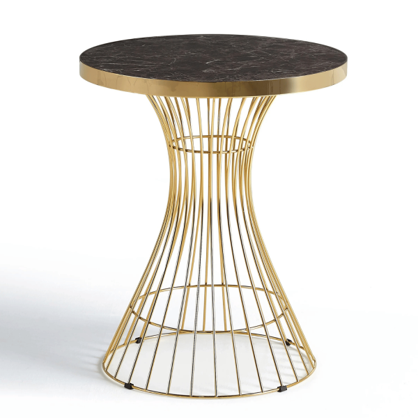 Mały Okrągły Stół 60 cm Do Salonu Glamour Nowoczesny Klepsydra Brązowy Marmur Złoty ELEGANT