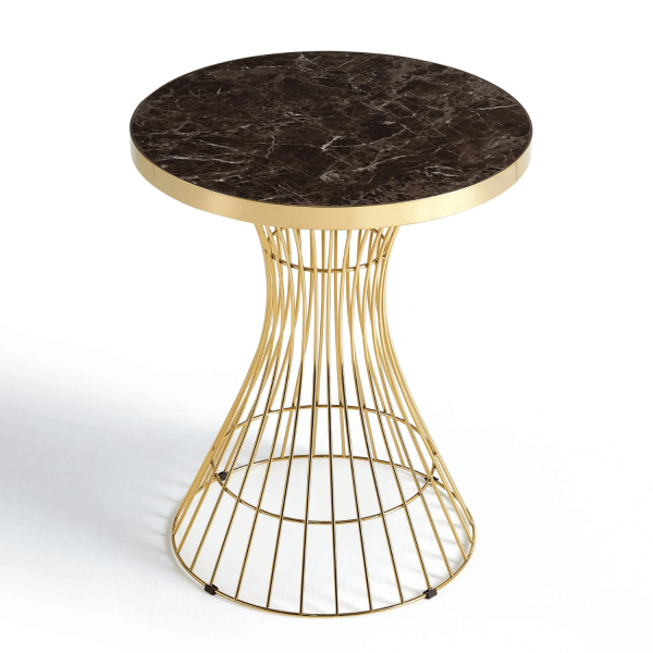 Mały Okrągły Stół 60 cm Do Salonu Glamour Nowoczesny Klepsydra Brązowy Marmur Złoty ELEGANT