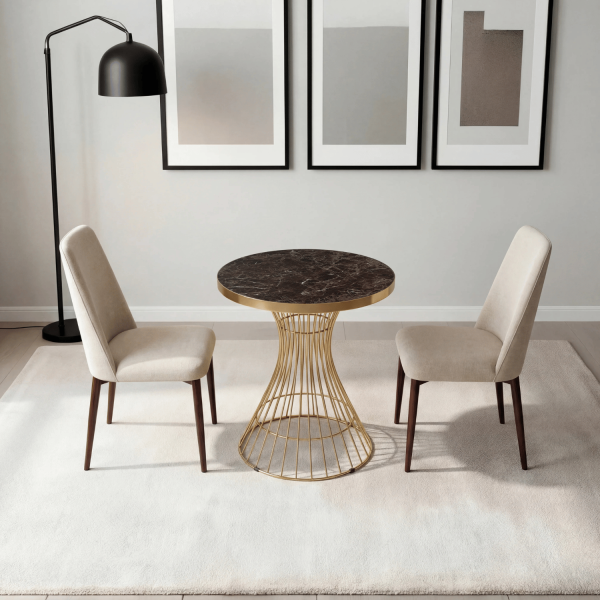 Mały Okrągły Stół 60 cm Do Salonu Glamour Nowoczesny Klepsydra Brązowy Marmur Złoty ELEGANT