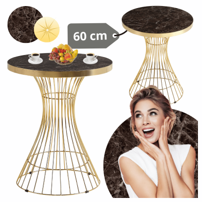 Mały Okrągły Stół 60 cm Do Salonu Glamour Nowoczesny Klepsydra Brązowy Marmur Złoty ELEGANT